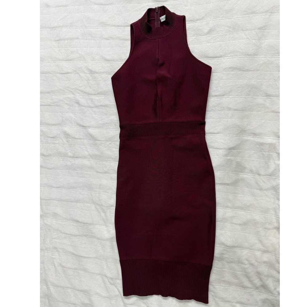 Dress The Population Burgundy Mock Neck Sleeveless Ribbed Knit Midi Dress Size S